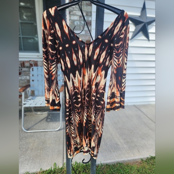 FIT N FLAIR Animal TRIBAL Dress Short STRETCHY embellished Beaded V NECKLINE Med - Picture 5 of 11